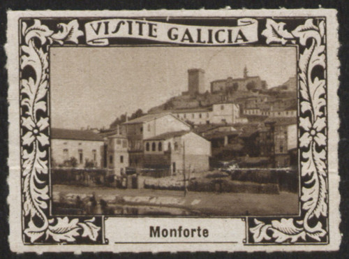 Monforte : [Viñeta con imagen de la localidad de Monforte de Lemos con su castillo y torre de San vicente en la montaña]