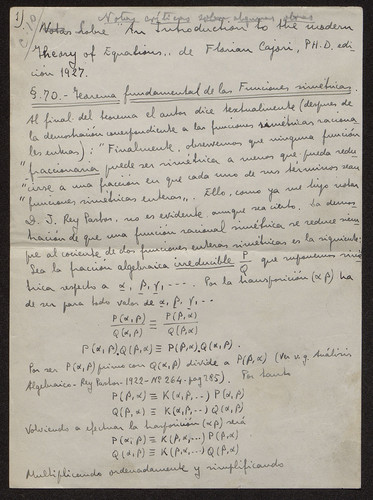 Notas críticas sobre algunas obras : Sobre "An introduction to the modern Theory of Ecuations" de Florian Cajori, edición 1927.